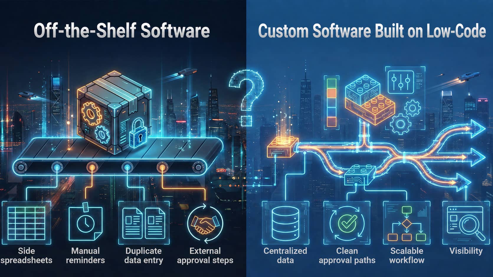 Custom software vs off-the-shelf software for contractors, illustrated as a split graphic comparing a boxed software package with a connected custom low-code workflow