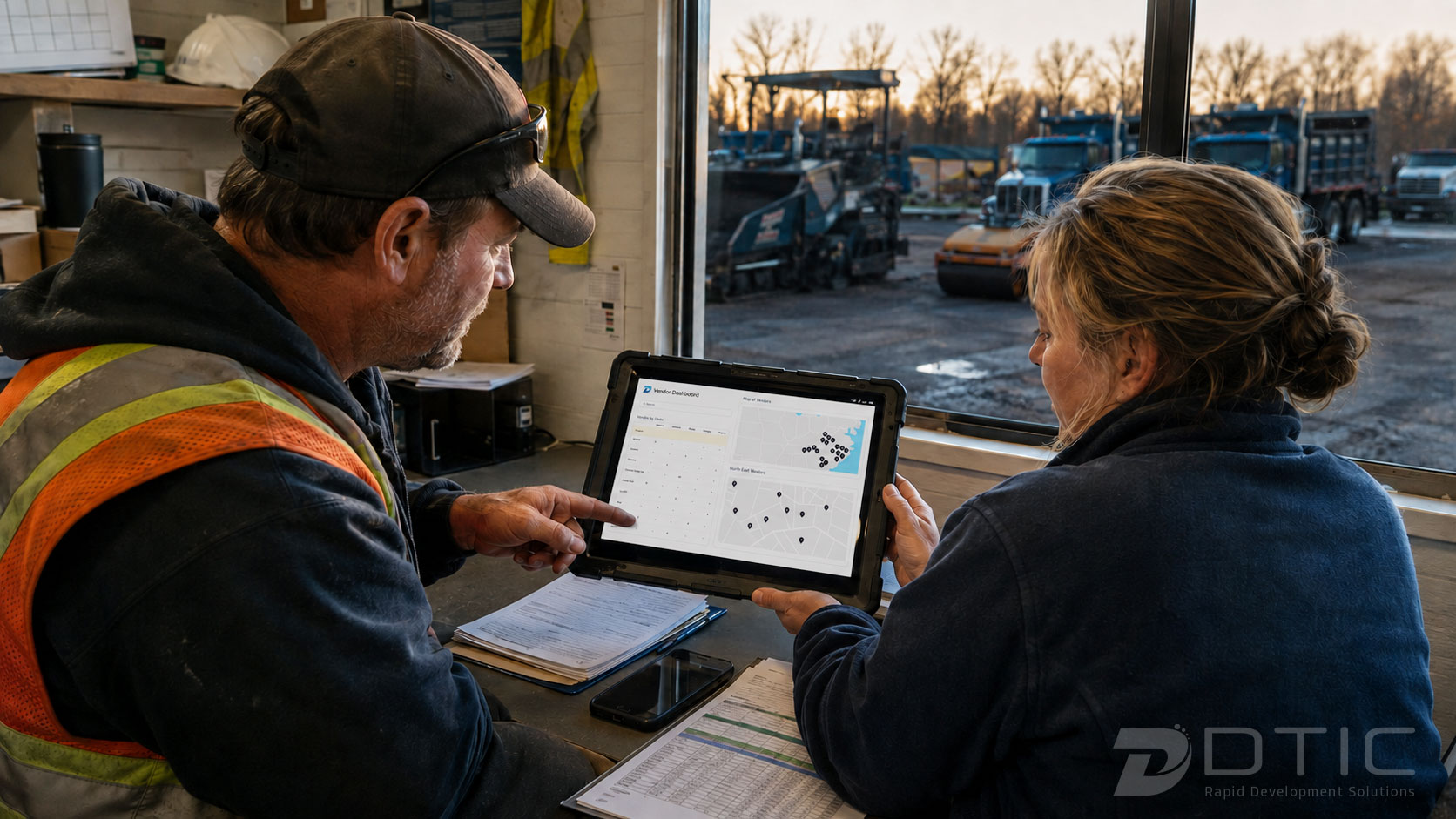 Foreman reviewing paving job tracking software before an asphalt paving job