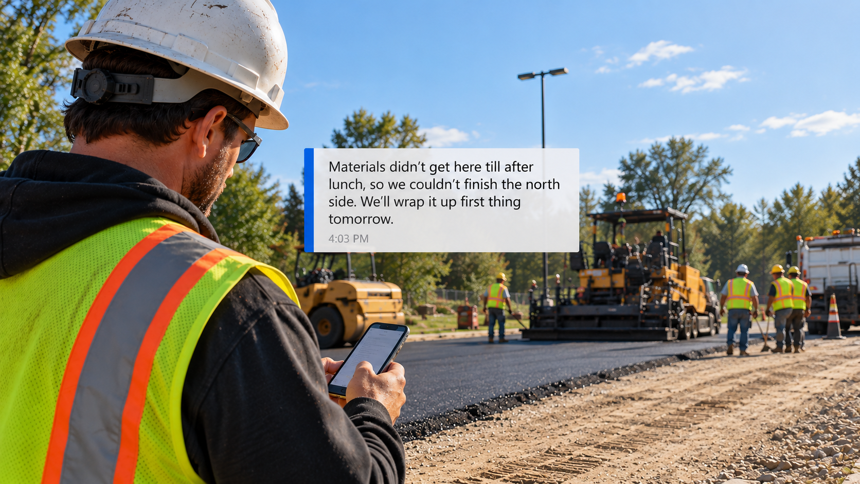 Construction field crew updates sent from a paving jobsite