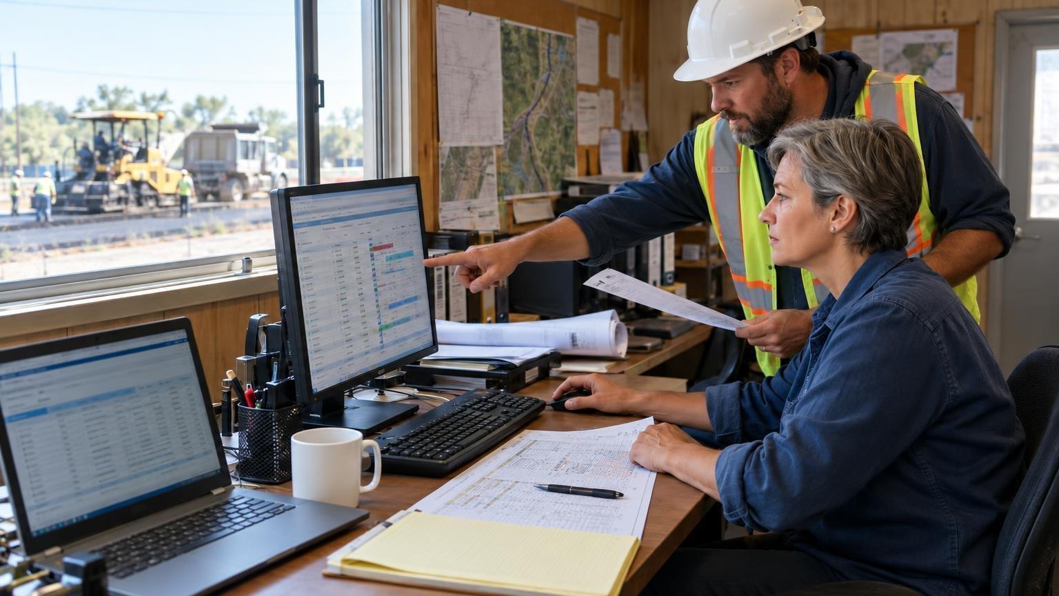 A contractor’s office manager and paving foreman compare paper forms with construction office workflow software in a site office.