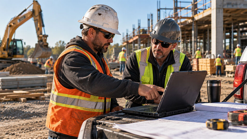 Contact DTIC about construction workflow software: two crew members reviewing a laptop on a truck tailgate at an active jobsite